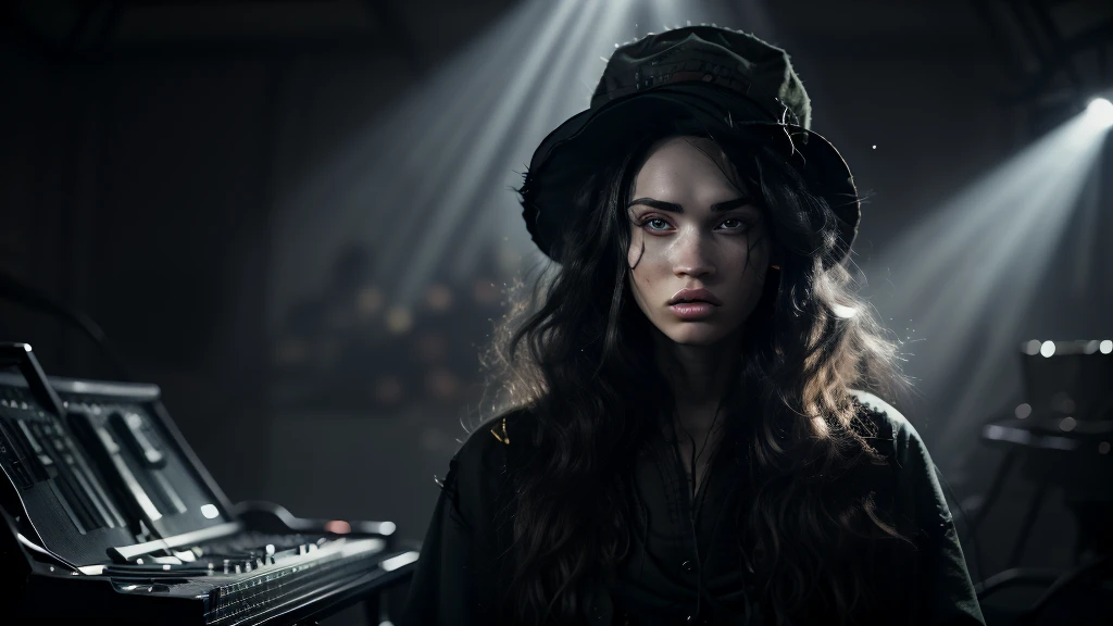 photo of one savage badass hip hop female rapper, 1women ,(detailed music studio: 1.4), Witch hat, (detailed faces: 1.4), highres, RAW photo 8k uhd, dslr, , ((cinematic light)), colorful, hyper detail, dramatic light, intricate details, (best lighting, an extremely delicate and beautiful), abstract colors, Disgusted face, looking down to viewer, deep eyes, glare eyes, , (smoother lighting:1.05), (increase cinematic lighting quality:0.9),