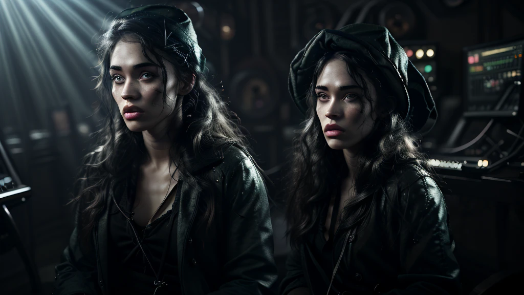photo of one savage badass hip hop female rapper, 1women ,(detailed music studio: 1.4), Witch hat, (detailed faces: 1.4), highres, RAW photo 8k uhd, dslr, , ((cinematic light)), colorful, hyper detail, dramatic light, intricate details, (best lighting, an extremely delicate and beautiful), abstract colors, Disgusted face, looking down to viewer, deep eyes, glare eyes, , (smoother lighting:1.05), (increase cinematic lighting quality:0.9),