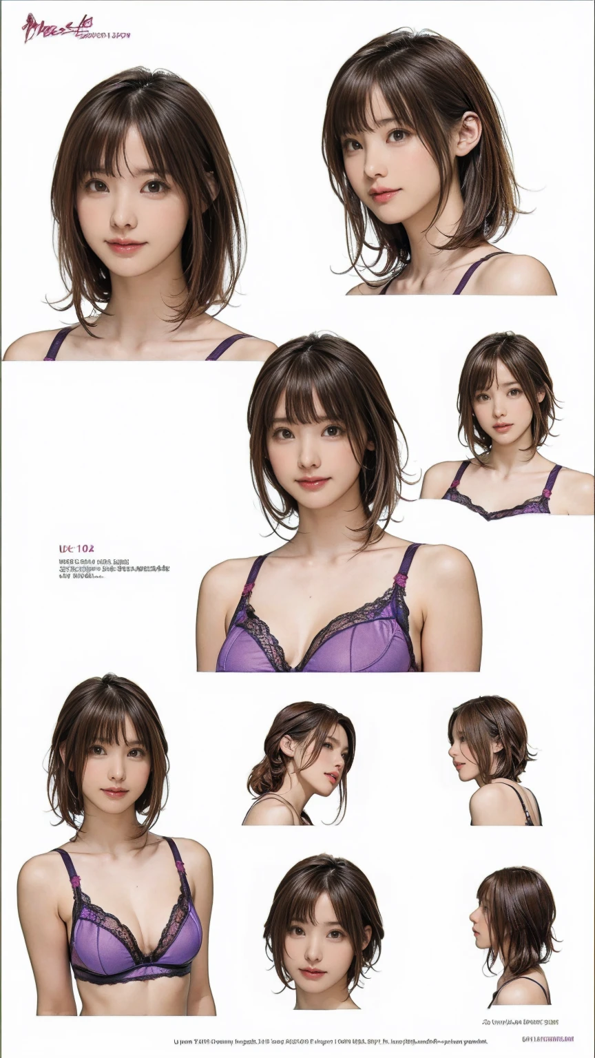 10:24:23 
((masterpiece)),(((Highest quality))),((Reference Sheet, Character Design)), Highest quality,masterpiece,Ultra-high resolution,Original photo,Ultra-high resolution，Three beautiful women，Flashy makeup using red eyeshadow，Big smile，Short cut with side waves，Wearing purple lace bra and panties，