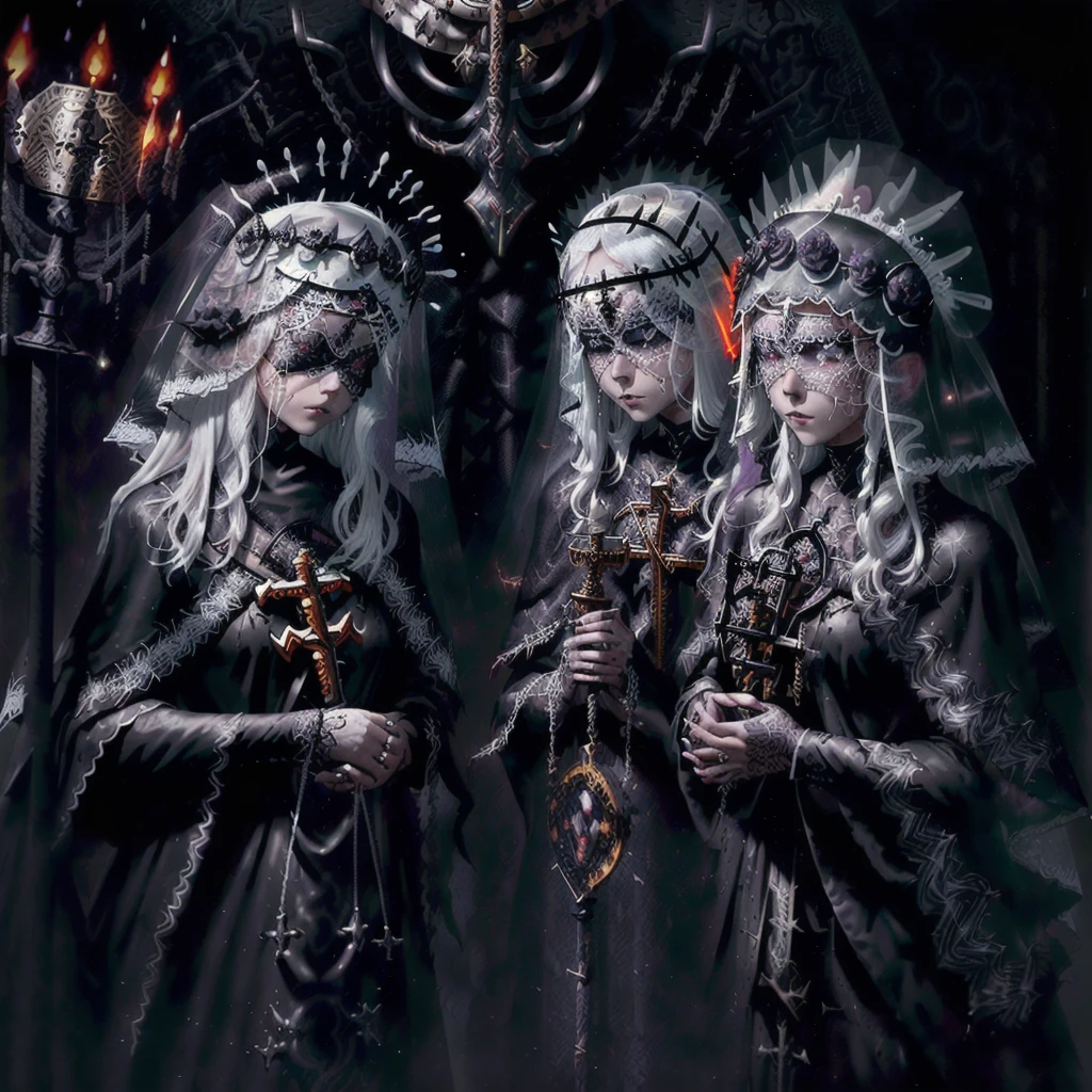 Priest, Nun, ((white hair)), blind lace mask, blind veil, bride veil, ((black translucent veil mask)), (((black veil))), praying, dog collar, thurible, burning thurible in chains, chains, epic cinematic, splash art, ((hearthstone style)), ultrarrealistic, rpg fantasy, dark fantasy, catholic, gothic catholic, gothic catholicism, ancient