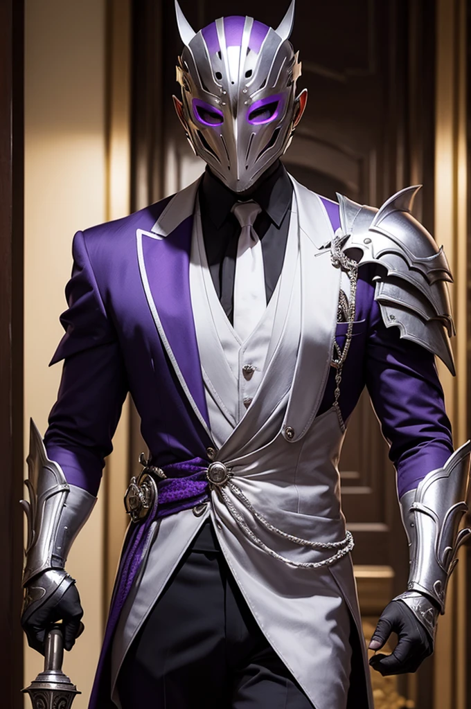 Gentleman in full armor and silver metal mask holding a purple orchid in his hand