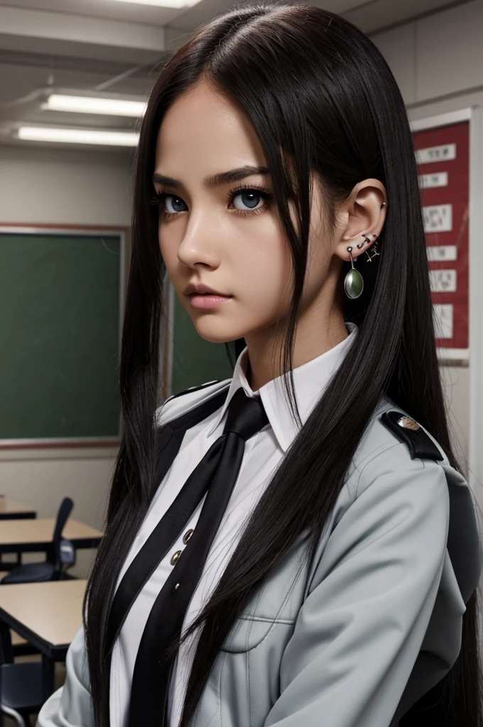 Screnshoot screencap anime boku no hero. young woman. White skin. Hair color brown. long straight hair. eyes color green. black eyeliner under the eyes. ear piercings. attractive. intimidating, fun . wear uniform, red tie and gray jacket. Classroom background