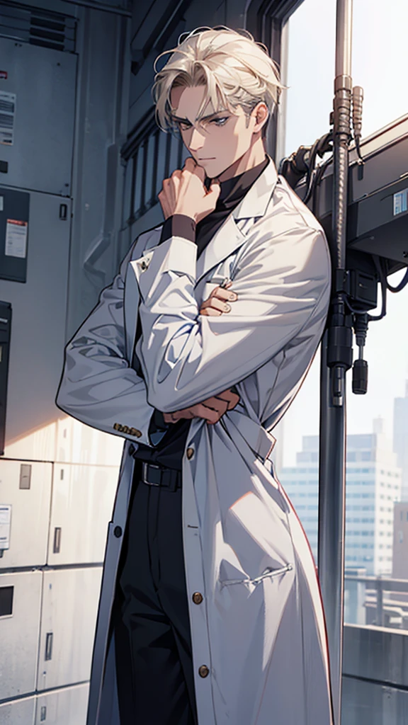 A man in a surgical suit with sleeves rolled up, one hand near his face, the other on his hip