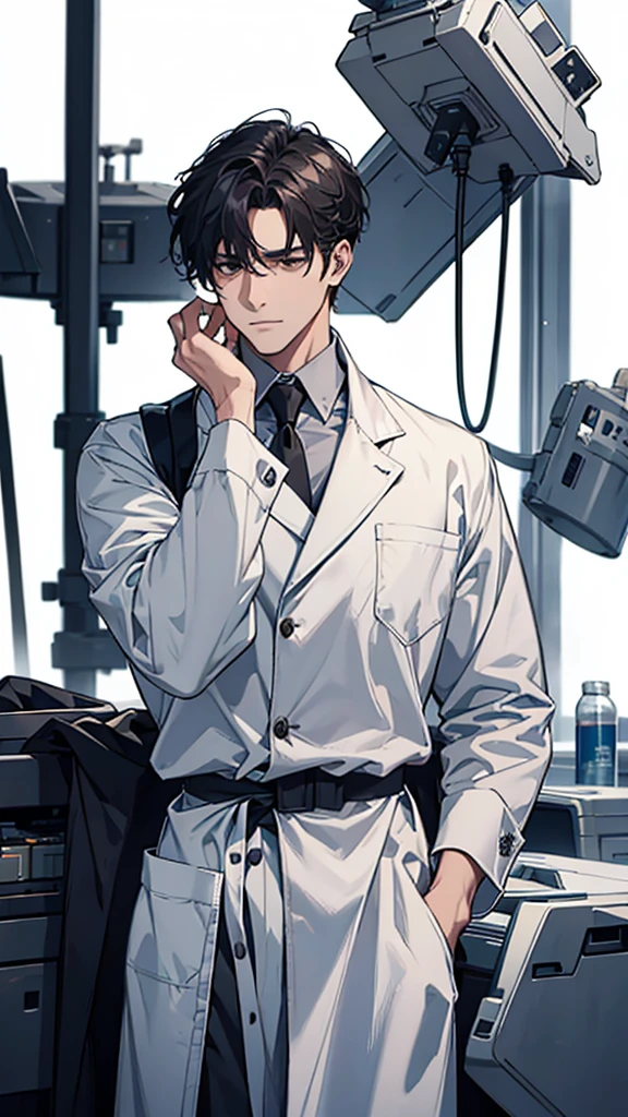 A man in a surgical suit with sleeves rolled up, one hand near his face, the other on his hip
