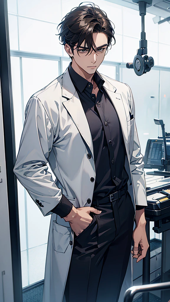 A man in a surgical suit with sleeves rolled up, one hand near his face, the other on his hip