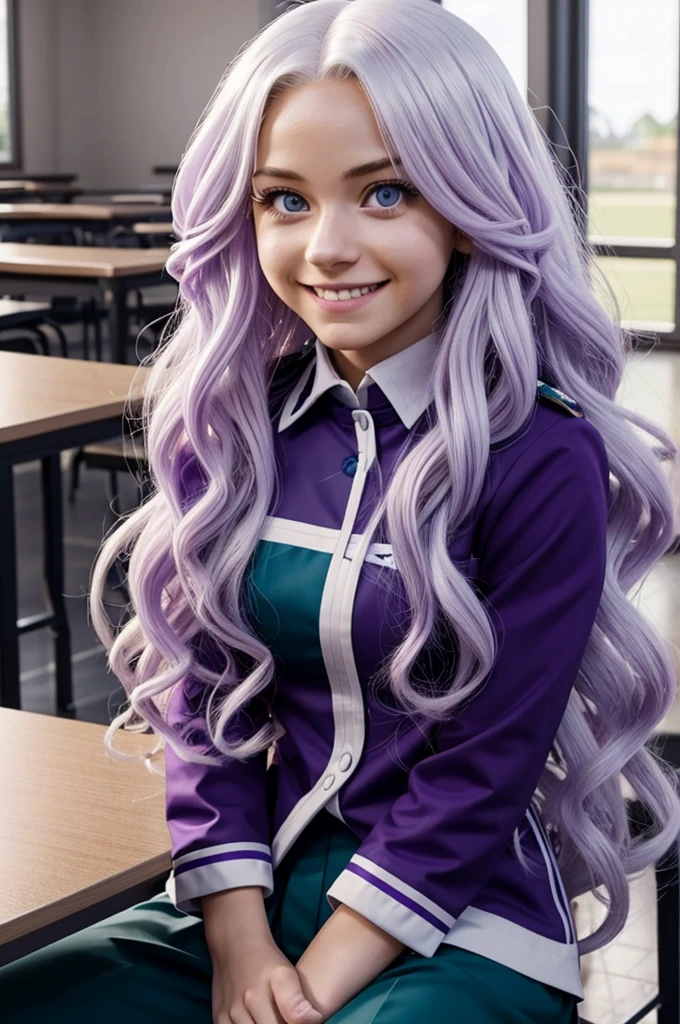 a young girl, big green eyes, round face, small nose, big lips, long purple hair, long eyelashes, pale skin, red cheeks, split chin, Green plaid skirt, long-sleeved white blouse, high socks, school shoes, in class room, in school, more students in class room, naughty face, f/16, Canon, from below, Fujicolor, ray tracing, from above, social media composition, 16k, 8k, highres, best quality, award winning, high quality, high details, super detail, textured skin, anatomically correct, masterpiece, accurate