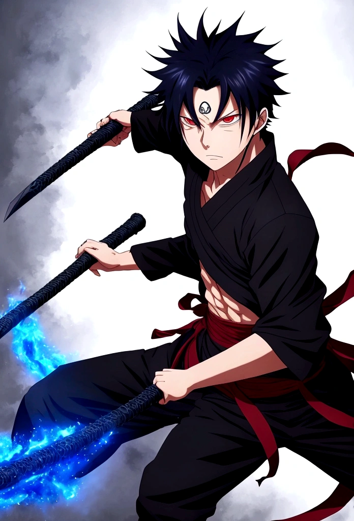1 boy, red eyes, black hair, jujutsu kaisen character, blue aura, full body, carrying a katana, wavy hair