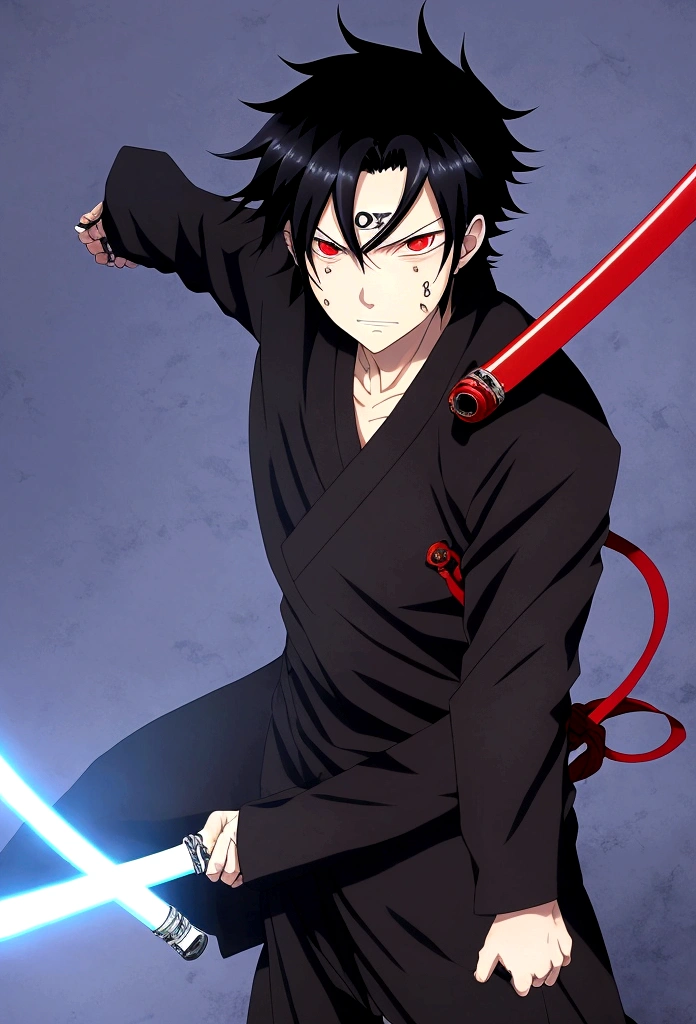 1 boy, red eyes, black hair, jujutsu kaisen character, blue aura, full body, carrying a katana, wavy hair
