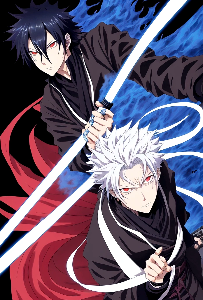 1 boy, red eyes, black hair, jujutsu kaisen character, blue aura, full body, carrying a katana, wavy hair