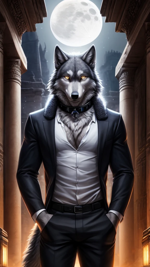 male wolf, full body covered in fluffy fur, Sensual, detailed, Uploaded to e621, beautiful and detailed portrait of an anthropomorphic gray wolf (((male))), film lighting, moon lights in an ancient city, glowing eyes, gray fur, he is wearing black pants and white shirt, he is wearing a collar, cute cute wolf