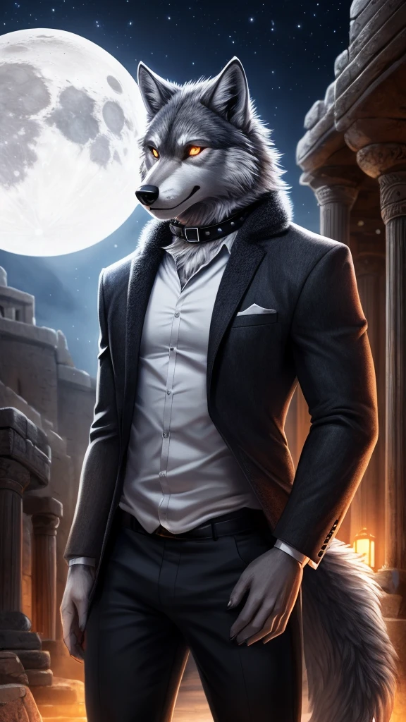 male wolf, full body covered in fluffy fur, Sensual, detailed, Uploaded to e621, beautiful and detailed portrait of an anthropomorphic gray wolf (((male))), film lighting, moon lights in an ancient city, glowing eyes, gray fur, he is wearing black pants and white shirt, he is wearing a collar, cute cute wolf
