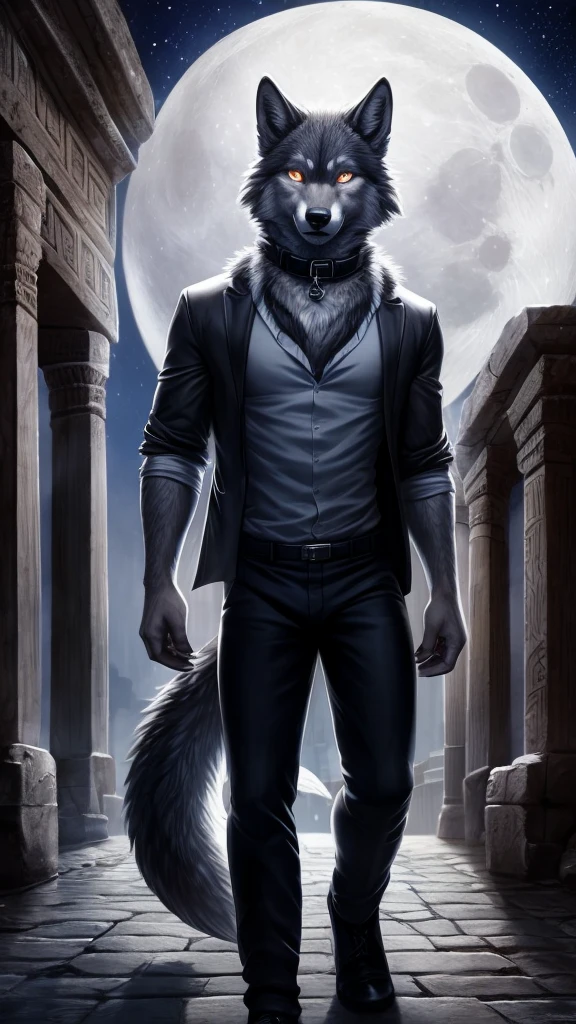 male wolf, full body covered in fluffy fur, Sensual, detailed, Uploaded to e621, beautiful and detailed portrait of an anthropomorphic gray wolf (((male))), film lighting, moon lights in an ancient city, glowing eyes, gray fur, he is wearing black pants and white shirt, he is wearing a collar, cute cute wolf