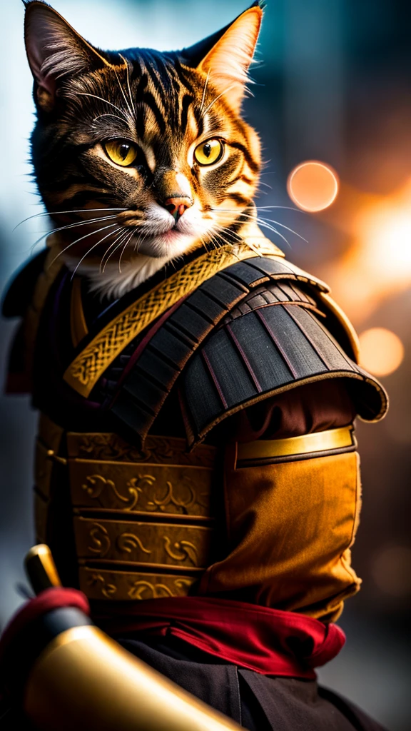 a cat, ((samurai outfit)), epic scene, dynamic camera, backlight, (close up:1.2), high quality photography, 3 point lighting, flash with softbox, 4k, Canon EOS R3, hdr, smooth, sharp focus, high resolution, award winning photo, 80mm, f2.8, bokeh