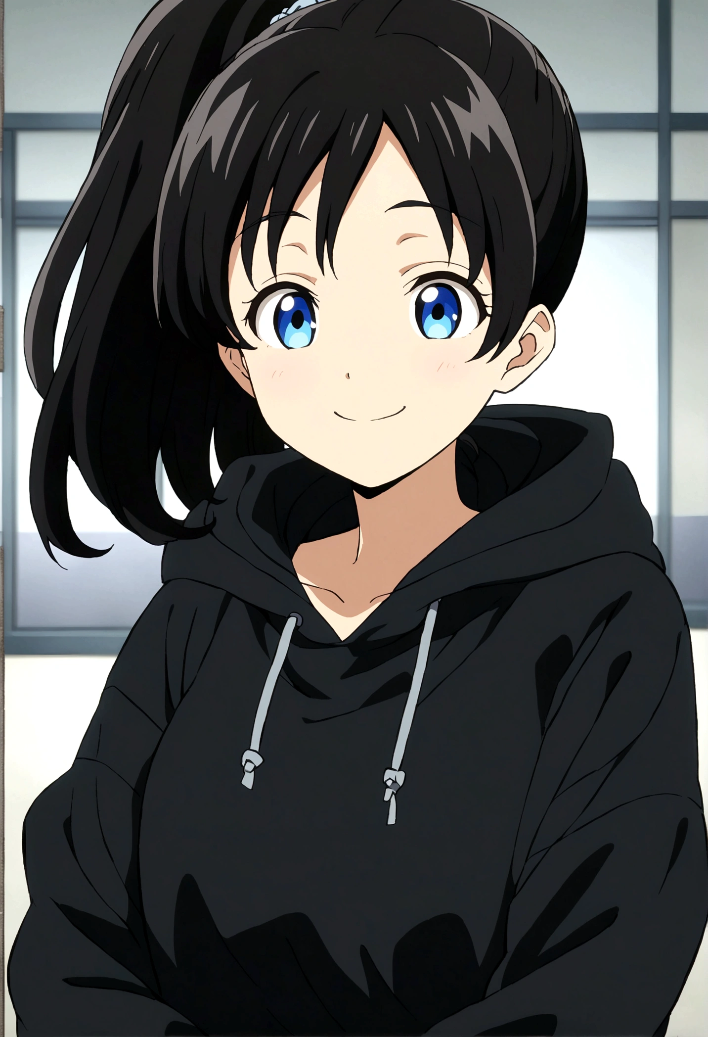 Black Hair、Blue Mesh、ponytail、Black hoodie、Girl、A big smile、Anime Style