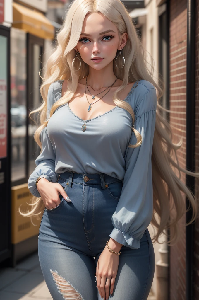 Make a 27 year old blonde woman with long curly hair and blue eyes wearing silver earrings and necklace, She is wearing a long sleeved blouse and dark blue jeans. 
