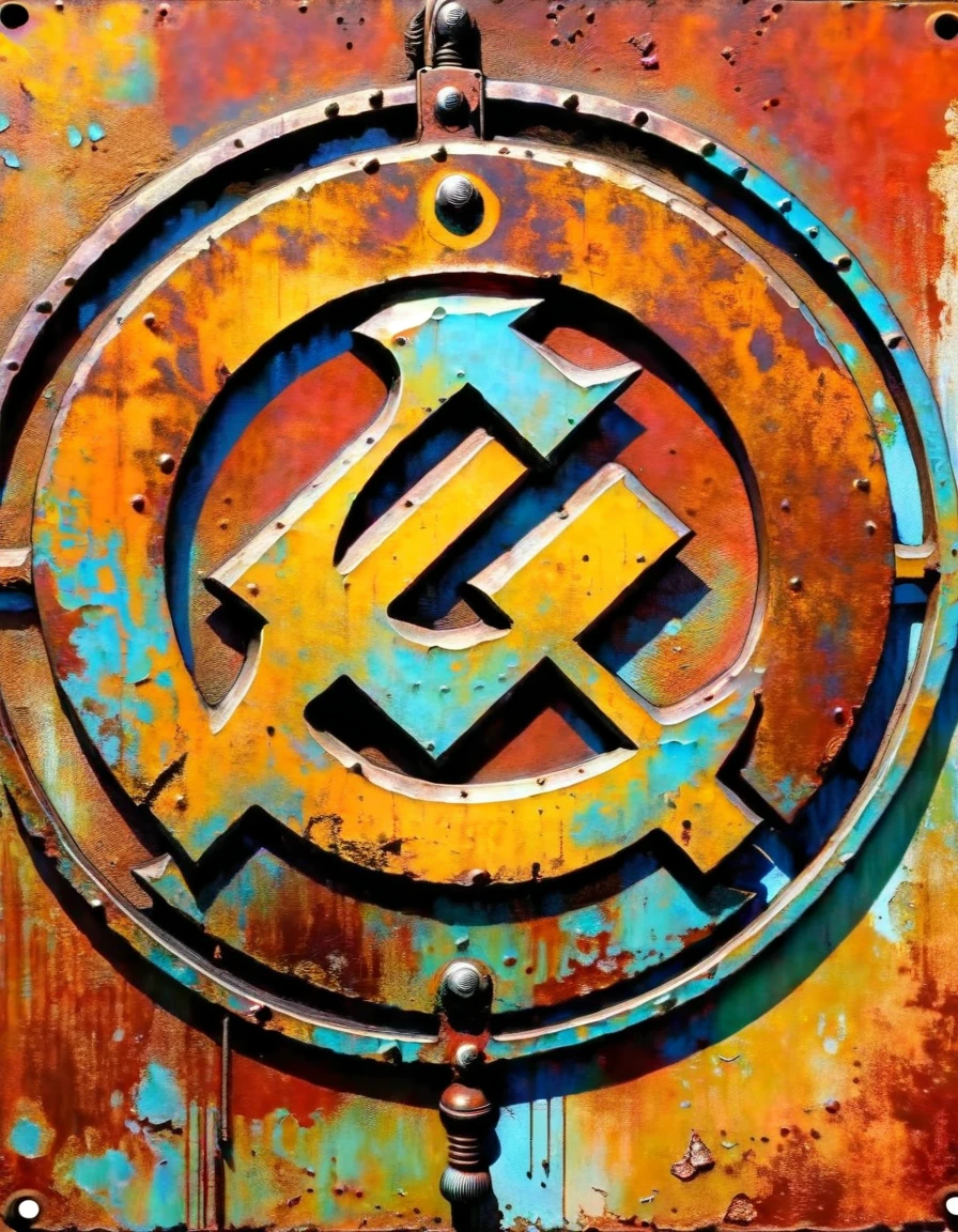 decorative rusty metal sign with a drawing of a communist symbol, artwork inspired by dave mcKean, vivid colors, intricate details, oil.