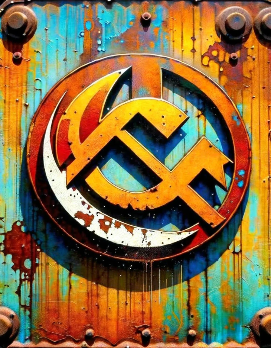 decorative rusty metal sign with a drawing of a communist symbol, artwork inspired by dave mcKean, vivid colors, intricate details, oil.
