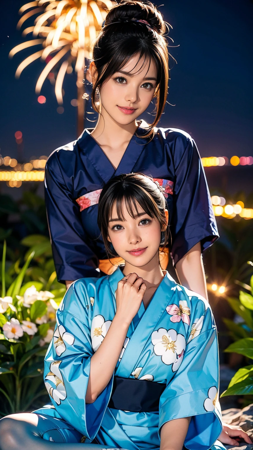 Best-quality, Masterpiece, Ultra-High-Resolution, (Photorealistic:1.4), Raw-Photo, Extremely-Details, Perfect-Anatomy, lesbian couple, (15-years-old and the most popular Japanese idol, extremely cute face like a most famous Japanese idol, extremely beautiful big-black-eyes, extremely beautiful long-haired), (25-years-old and the most popular Japanese actress, extremely beautiful face like a most famous Japanese actress, extremely beautiful large-black-eyes, extremely beautiful short-cut-haired), all having a lot of fun at Japanese hot spring inn, all wearing Japanese YUKATA, detailed Japanese-hot-spring-inn, detailed Japanese-YUKATA