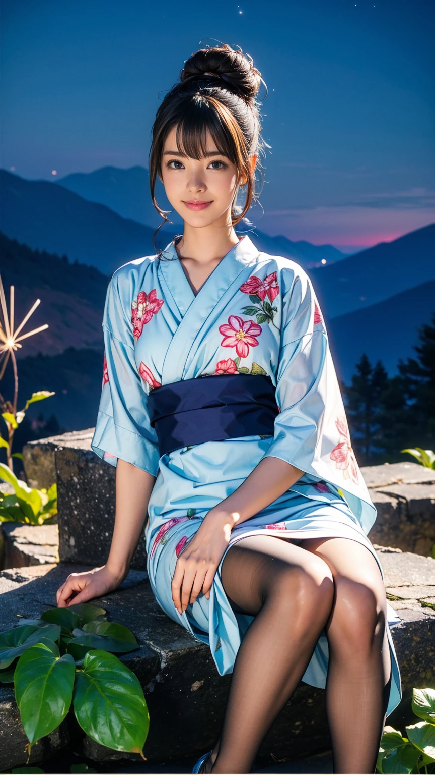 ((masterpiece)),(((Highest quality))),((Character design sheet)),Thin thighs,Long legs,whole body:1.5,(One Girl:1.3),(Viewer Display:1.4),(Transparent pantyhose and pointy heels,, :1.3),(Sitting on top of a mountain:1.2),(Wearing a floral and plant dress:1.2),Short, flowing golden hair:1.2),With legs apart:1.5,((masterpiece)),(((Highest quality))),((Character design sheet)),A Japanese yukata with a bright floral and flower pattern in a combination of light blue and navy blue.:1.5,Stylish sandals:1.5,The best smile:1.5,Upper Body Shot:1.5,Night fireworks background:1.5,Flashy makeup with red eyeshadow:1.5,Bun Hair:1.5,