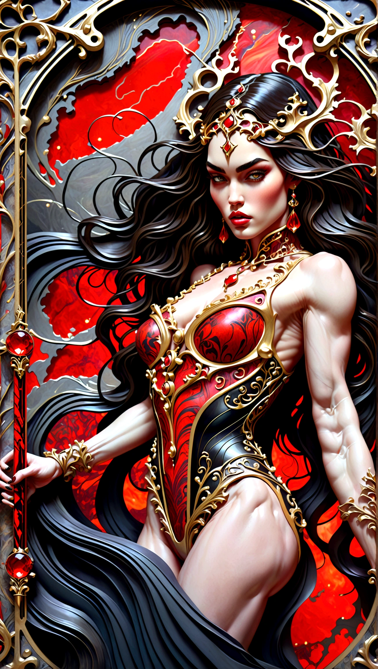 a beautiful illustration of megan fox as a very muscular vampire girl in an abstract marble texture with a tarot style frame, with colors of obsidian black, shiny gold, and ruby red, highly detailed, intricate design, BY Anne Bachelier,,