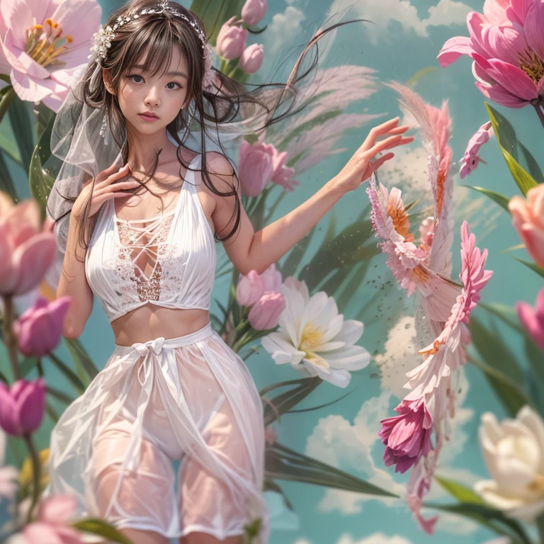 ExtremelyDetailed(ProfessionalPhoto of Girl Floating in the Sky:1.37), 280th floor infinity pool，The tallest building in the urban forest, {Around bonsai|Luo Han Song|coconut palms|tulips|Rose flower}, (Masterpiece 8K TopQuality:1.2), ExtremelyDetailed KAWAII face Eyes  BREAK   Detailed impeccable Radiant PearlSkin with Transparency, Skinny(SchoolSwimwear:1.28) beautiful graceful {HiddenHand|Corrected BabyLikeHand} (Whole Body Proportions and all limbs are Anatomically Accurate), Full of Flowers