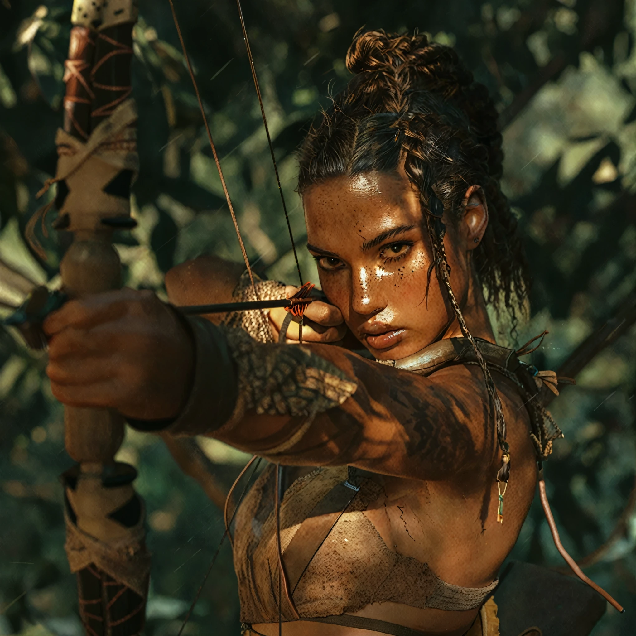 1girl, solo, long hair, looking at viewer, brown hair, holding, brown eyes, closed mouth, weapon, holding weapon, blurry, lips, eyepatch, freckles, bow \(weapon\), realistic, nose, arrow \(projectile\), holding bow \(weapon\), aiming, holding arrow, drawing bow, archery