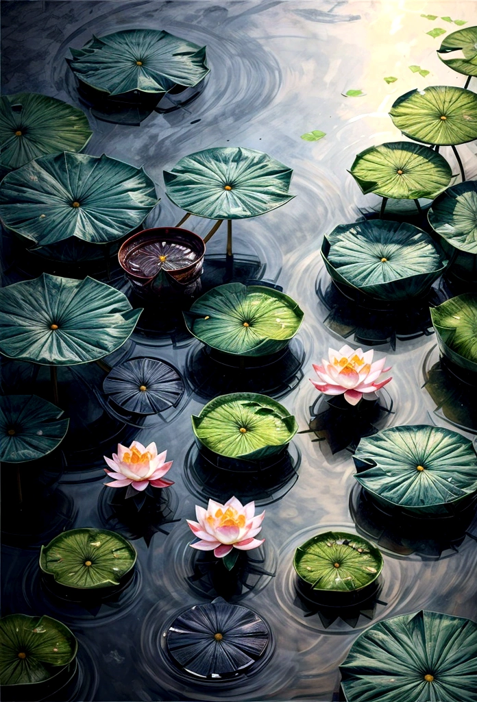The main body of the image is a lotus pond with a few lotus leaves, made of glass, the texture of the leaves is clearly displayed, and the background is Gaussian blurred , Frosted, Light Green, Translucent , miniamalism --stylize 250.0