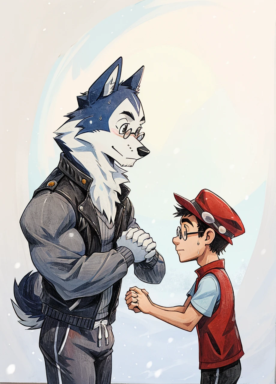 Engrilklenus, husky dog, arctic, strong, muscular, leather jacket, winter pants, snow boots, tail, white paws, black and white fur, Jamie Wonderson, human being boy, , skinny, t-shirt, vest, hat, circle glasses, sweatpants, holding hands together as friends, eyes between.