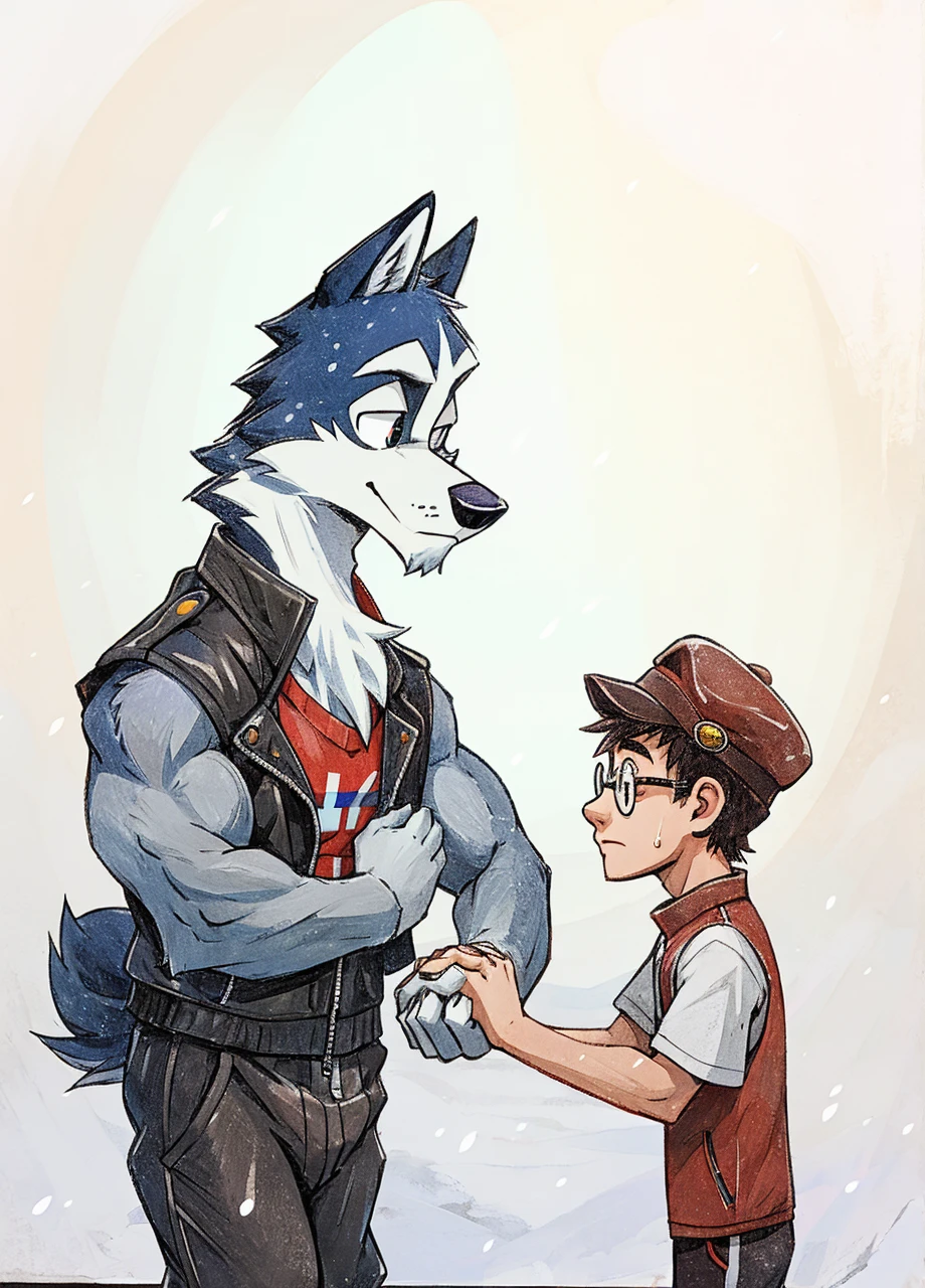 Engrilklenus, husky dog, arctic, strong, muscular, leather jacket, winter pants, snow boots, tail, white paws, black and white fur, Jamie Wonderson, human being boy, , skinny, t-shirt, vest, hat, circle glasses, sweatpants, holding hands together as friends, eyes between. 