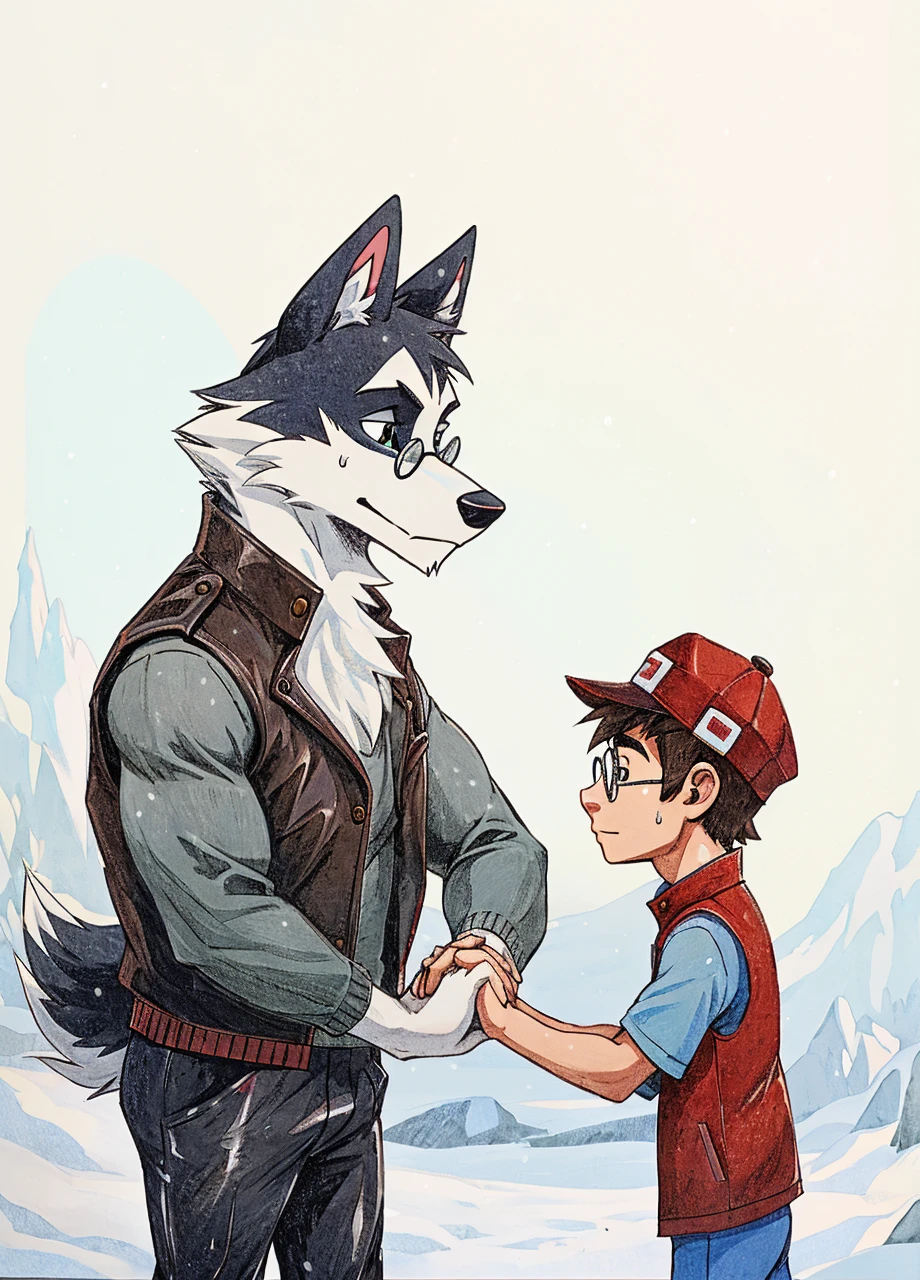 Engrilklenus, husky dog, arctic, strong, muscular, leather jacket, winter pants, snow boots, tail, white paws, black and white fur, Jamie Wonderson, human being boy, , skinny, t-shirt, vest, hat, circle glasses, sweatpants, holding hands together as friends, eyes between. 