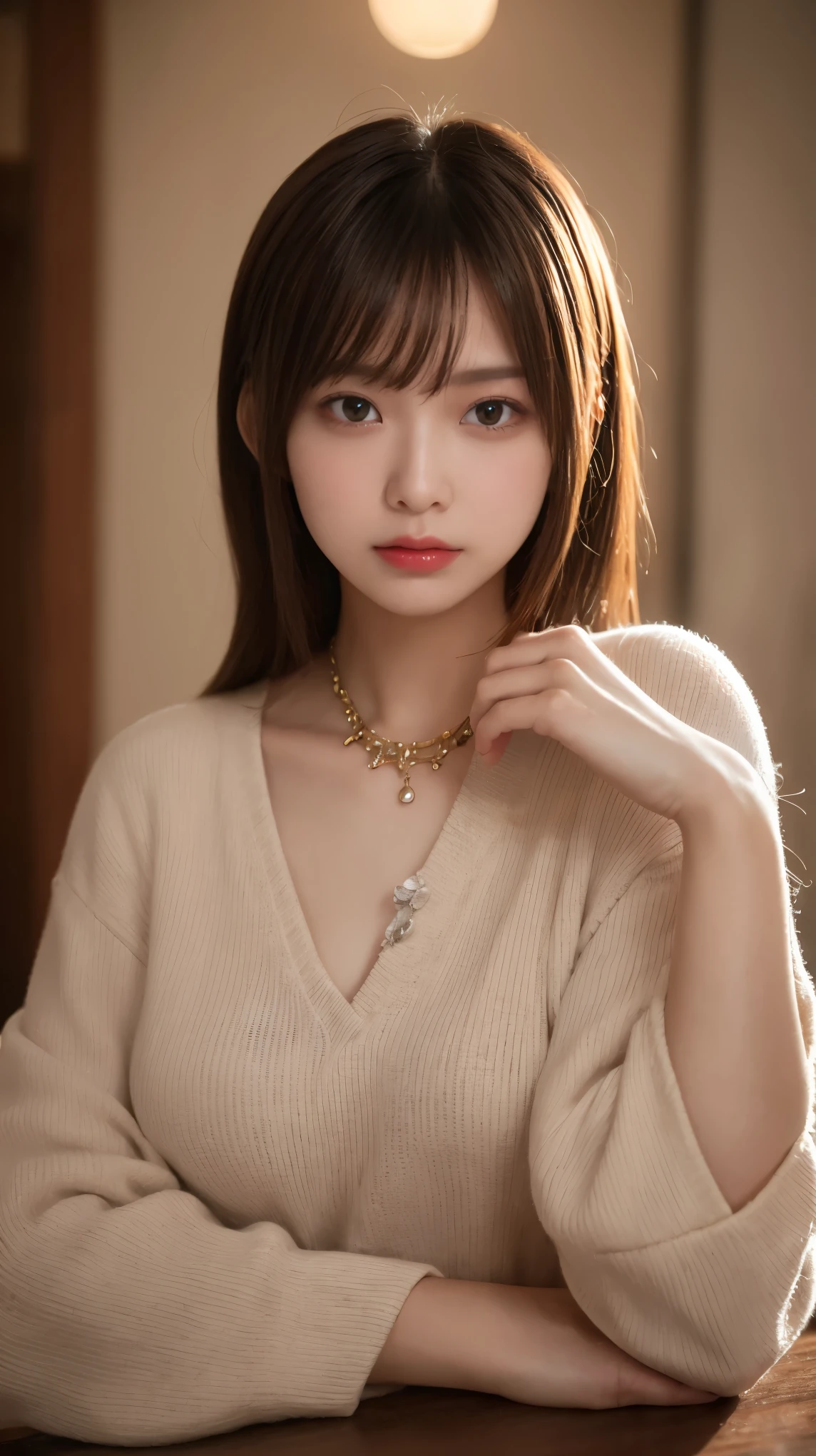 Tabletop, Highest quality, shape, Very detailed, finely, High resolution, 8k wallpaper, 完璧なダイナミックな構shape, Beautiful and beautiful eyes, woman&#39;s fashion fluffy winter clothes,Medium Hair,Small breasts Natural color Lips, Bold sexy pose、20-year-old girl、cute、sexy shot looking at camera,RAW Photos,Anatomically correct body,Blur the background,Perfect and beautiful face,KPOP idol faces,Slim face and body