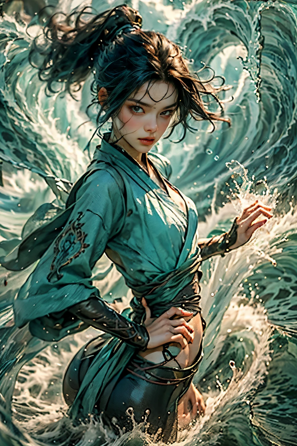 (Best quality,8K,High-res,Masterpiece:1.2),watercolor,1girll,solo,Black hair,water,Waves,Lips,Upper body,dynamicposes.The belly button and the surrounding area are exposed,Small breasts,Flat Chest,Small Ass,Small waist,Thin legs,