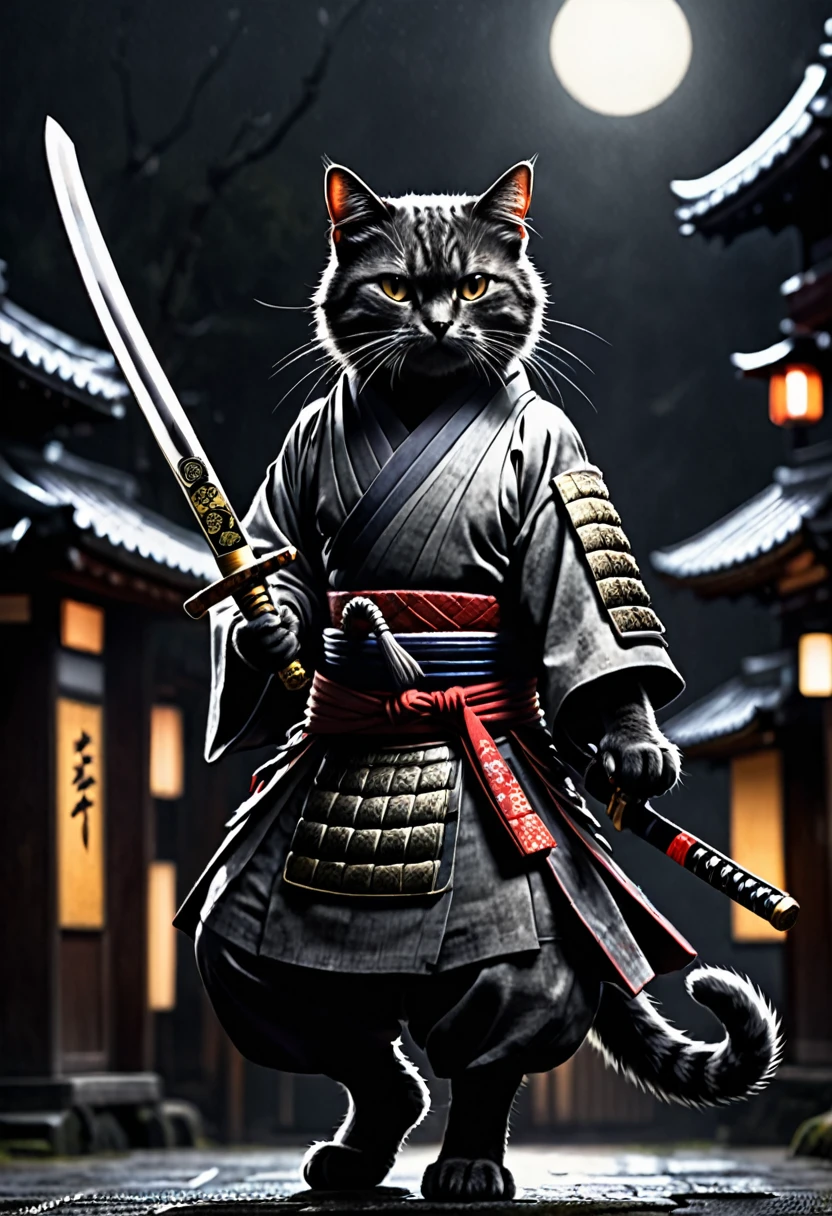 A samurai-style cat carrying a Japanese sword on his hip、2D、Dark atmosphere