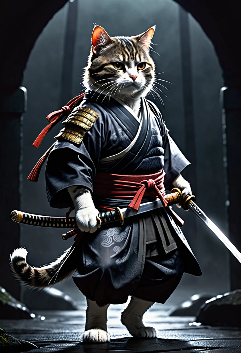 A samurai-style cat carrying a Japanese sword on his hip、2D、Dark atmosphere