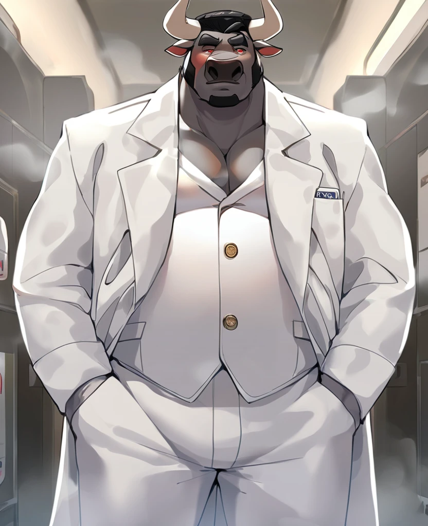 Black Bull，personification，Mature male，Hercules，black hair，naked，Cold expression，Red pupil，Gray eyebrows，White suit suit，Hands in pockets，The Age of Steam，Hospital Office。