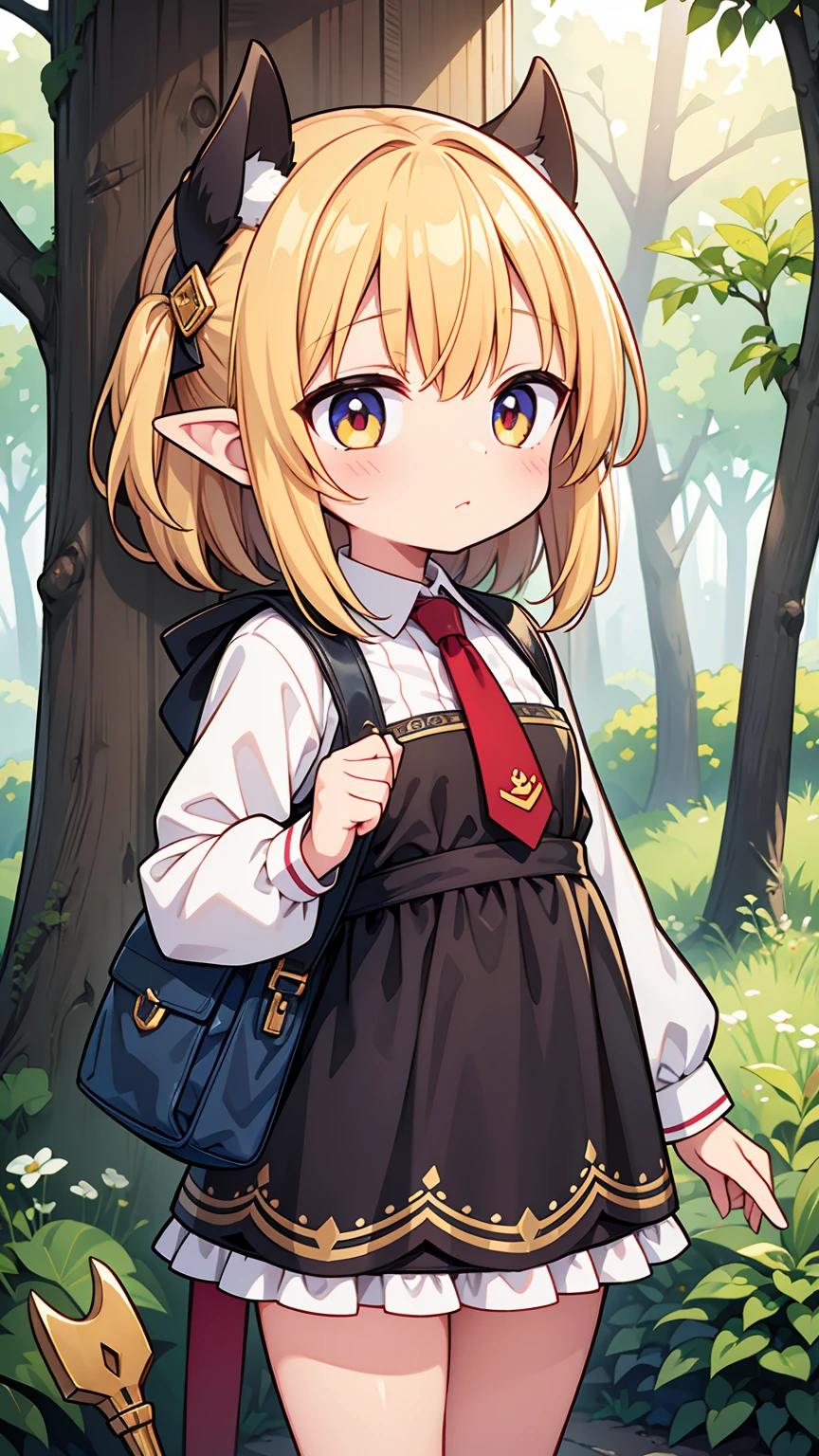 Masterpiece, Best Quality, high resolution, (li), girl, goblin, small busts, female goblin clothing, has a spear, shy face, he is afraid, is in the forest, she has golden eyes