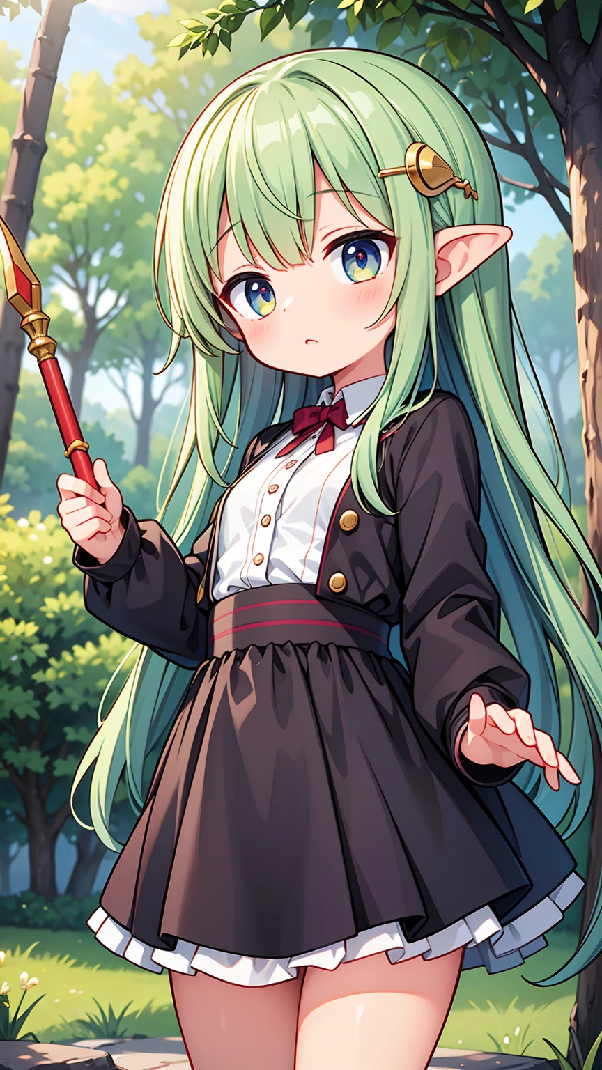 Masterpiece, Best Quality, high resolution, (li), girl, goblin, small busts, female goblin clothing, has a spear, shy face, he is afraid, is in the forest, she has golden eyes