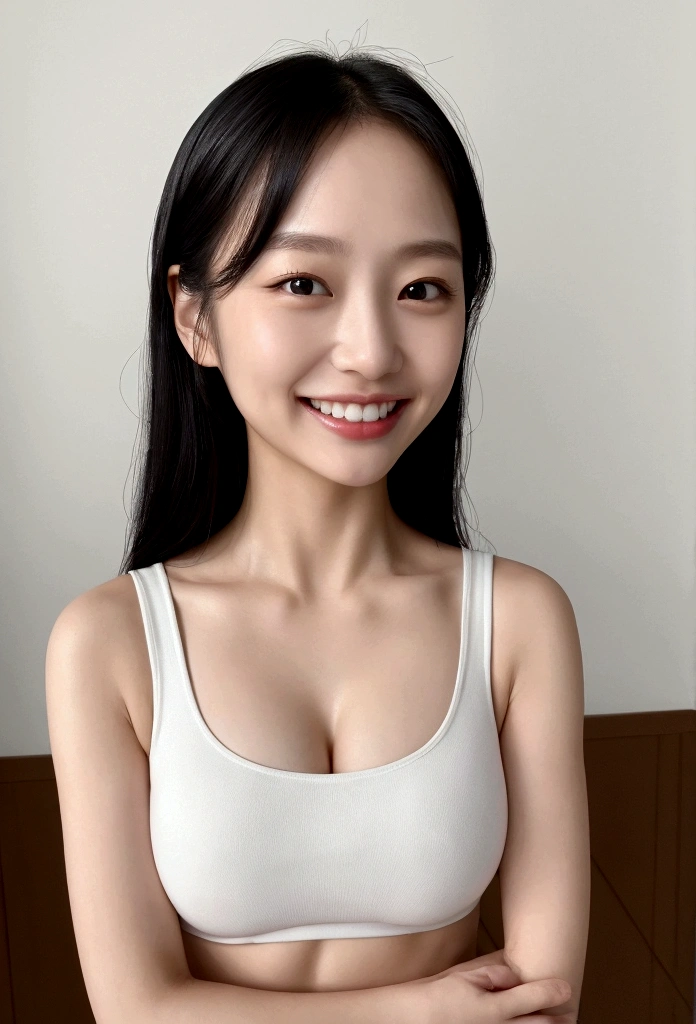 １people、Delicate skin quality、日本people、((Highest quality, 4K, Masterpiece: 1.3)), Beautiful style: 1.4, Long black hair, White short tank top, Large Breasts, Wet body, Sweaty, Place your arms on your hips, smile, Teacher Outfit, Highly detailed face and skin texture, Fine grain, double eyelid、The whole body is visible、White teeth、Teaching lessons