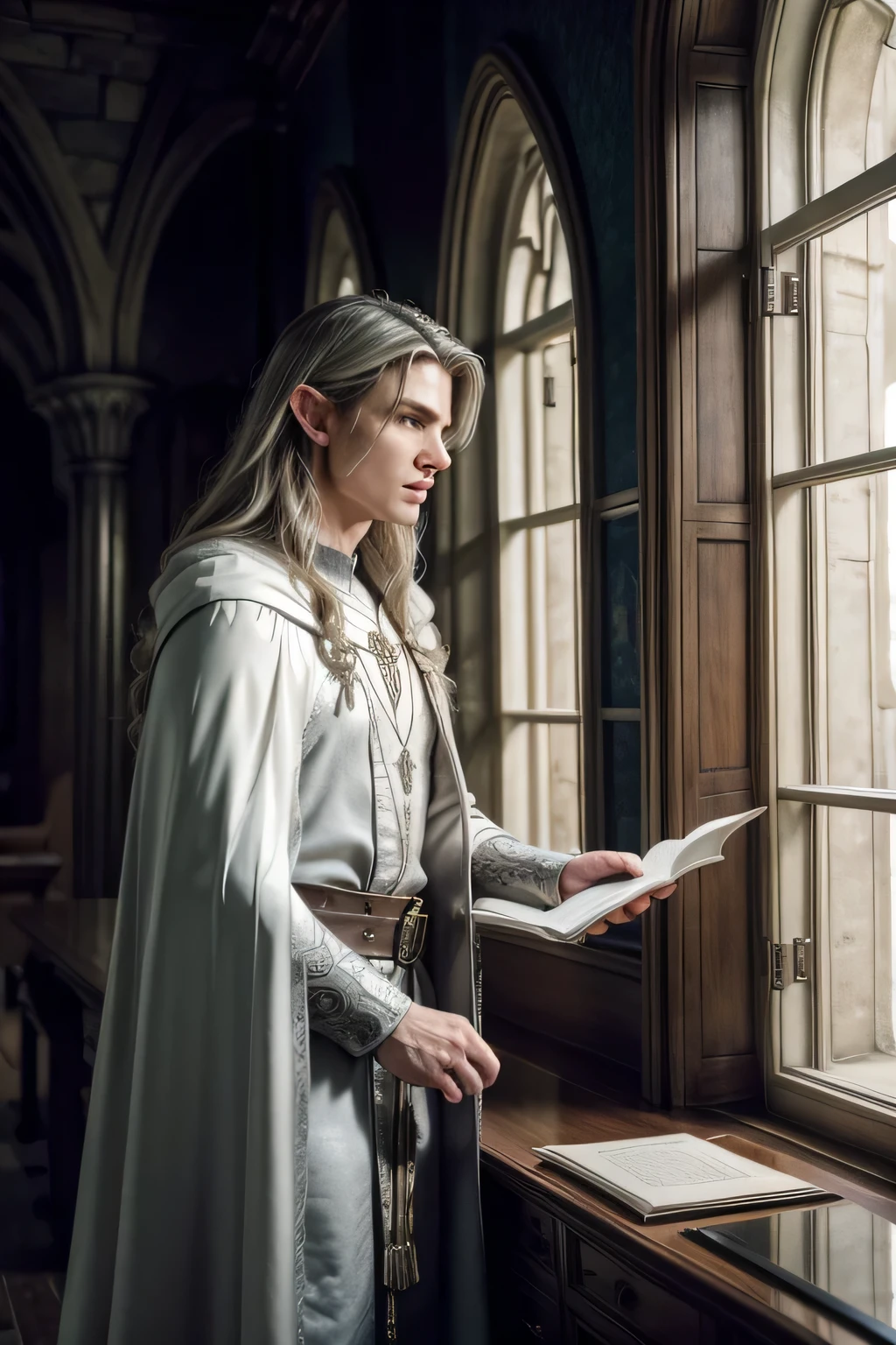 male elf wizard librarian ,alabaster skin, inside a castle, silver long hair, dark cloak ,two moons in the sky in the window,like tom cruise