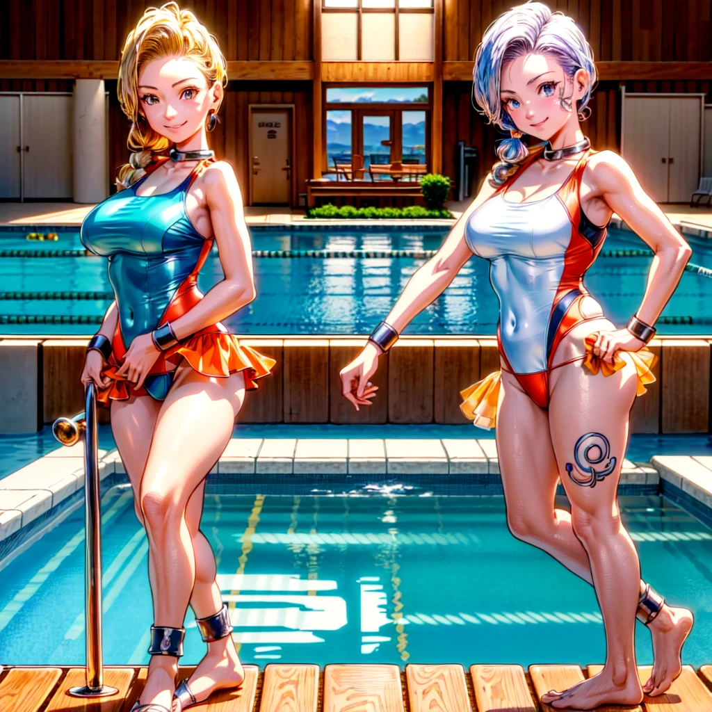 ((Highly detailed CG, anime image, art CG))((Clearly drawn face, cowboy shot))((Smiling face))(Indoor pool), Jessica Albert (Dragon Quest), 1 girl, competitive swimsuit, orange short pigtails, more prisms, vibrant colors, standing pose, full body, glamorous