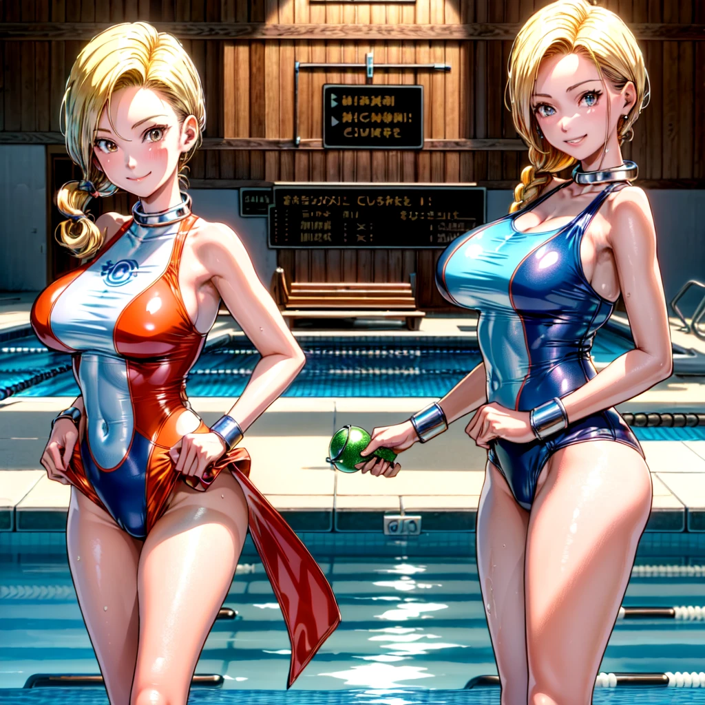 ((Highly detailed CG, anime image, art CG))((Clearly drawn face, cowboy shot))((Smiling face))(Indoor pool), Jessica Albert (Dragon Quest), 1 girl, competitive swimsuit, orange short pigtails, more prisms, vibrant colors, standing pose, full body, glamorous