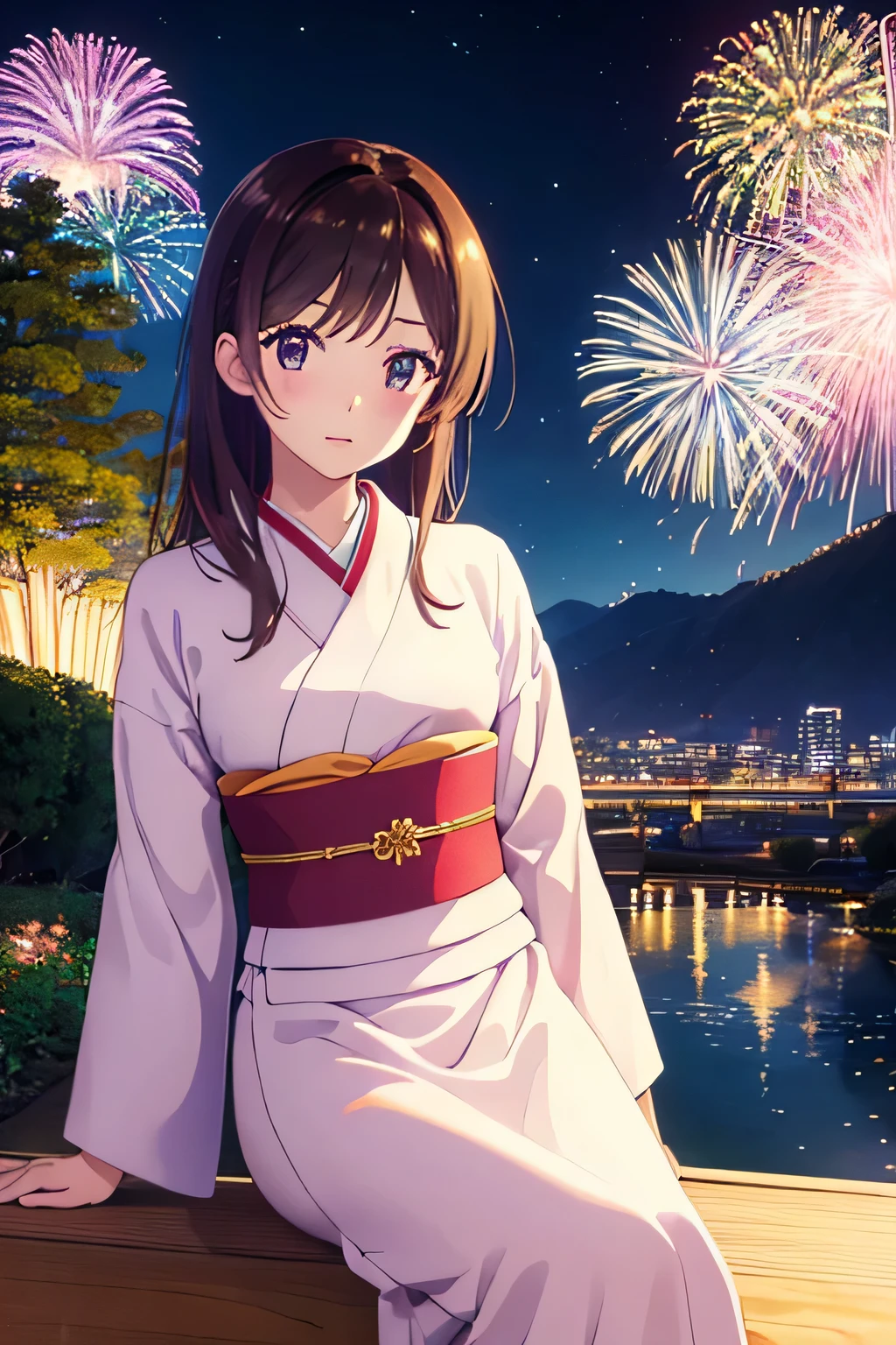 masterpiece, Highest quality, High resolution、Chizuru Mizuhara、One Girl、Japanese style kimono、summer night、at night、Fireworks、Japanese Festivals