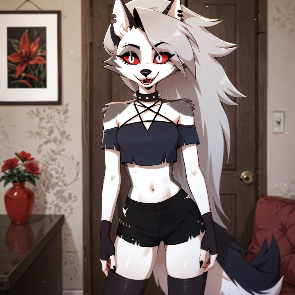 score_9, score_8_up, BREAK, source_anime, (1girl, solo),   perfect body, slim, thigh highs, fingerless gloves, anthro, furry, pose,  Loona \(Helluva Boss\), realistic, cimematic, crop top, shorts, 