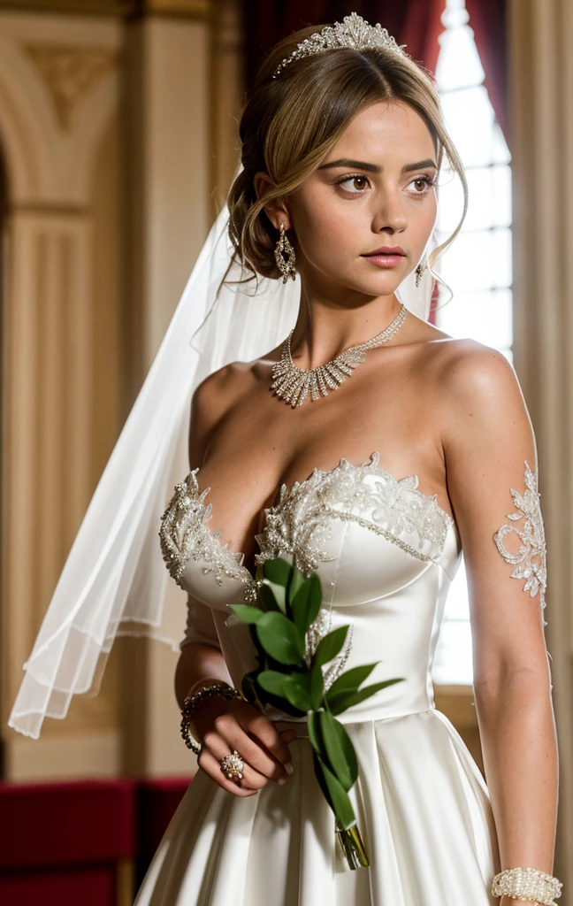 A slender beautiful woman in ballroom, she wears a tight white wedding dress, ((large_breasts)), collarbone, long sleeves, (photorealistic:1.2) (best quality) (intricate details) (8K) (High Poly) (ray tracing) (cinema lighting) (sharp focus) (detailed face), jewelry, necklace, wedding dress, garter, bracelet, earrings, realistic skin textures, (she is 25 years old), [Victoria Beckham], [[Kate Beckinsale]], [Jenna Coleman], ((blonde))
