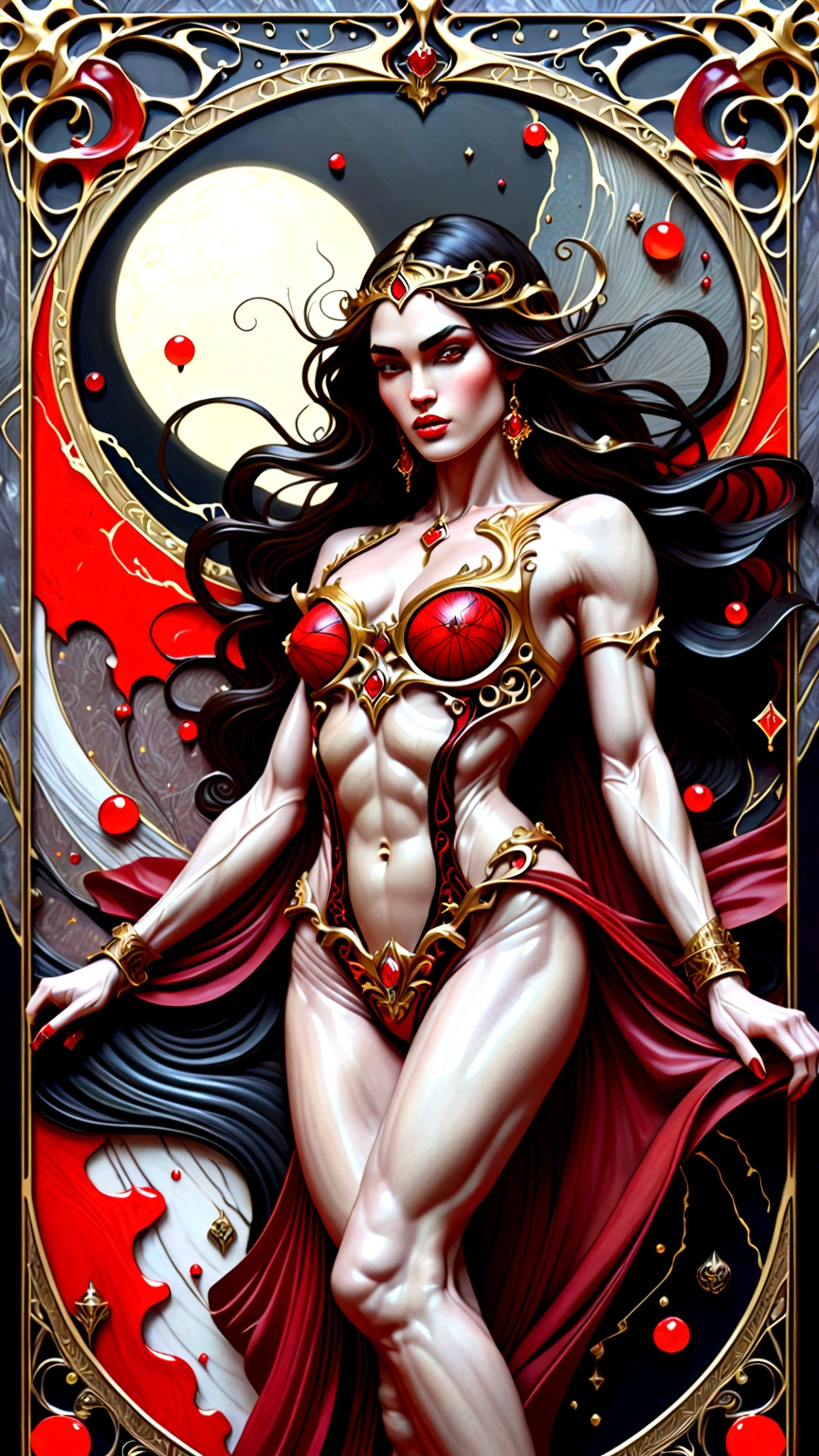 a beautiful illustration of megan fox as a very muscular vampire girl in an abstract marble texture with a tarot style frame, with colors of obsidian black, shiny gold, and ruby red, highly detailed, intricate design, BY Anne Bachelier,