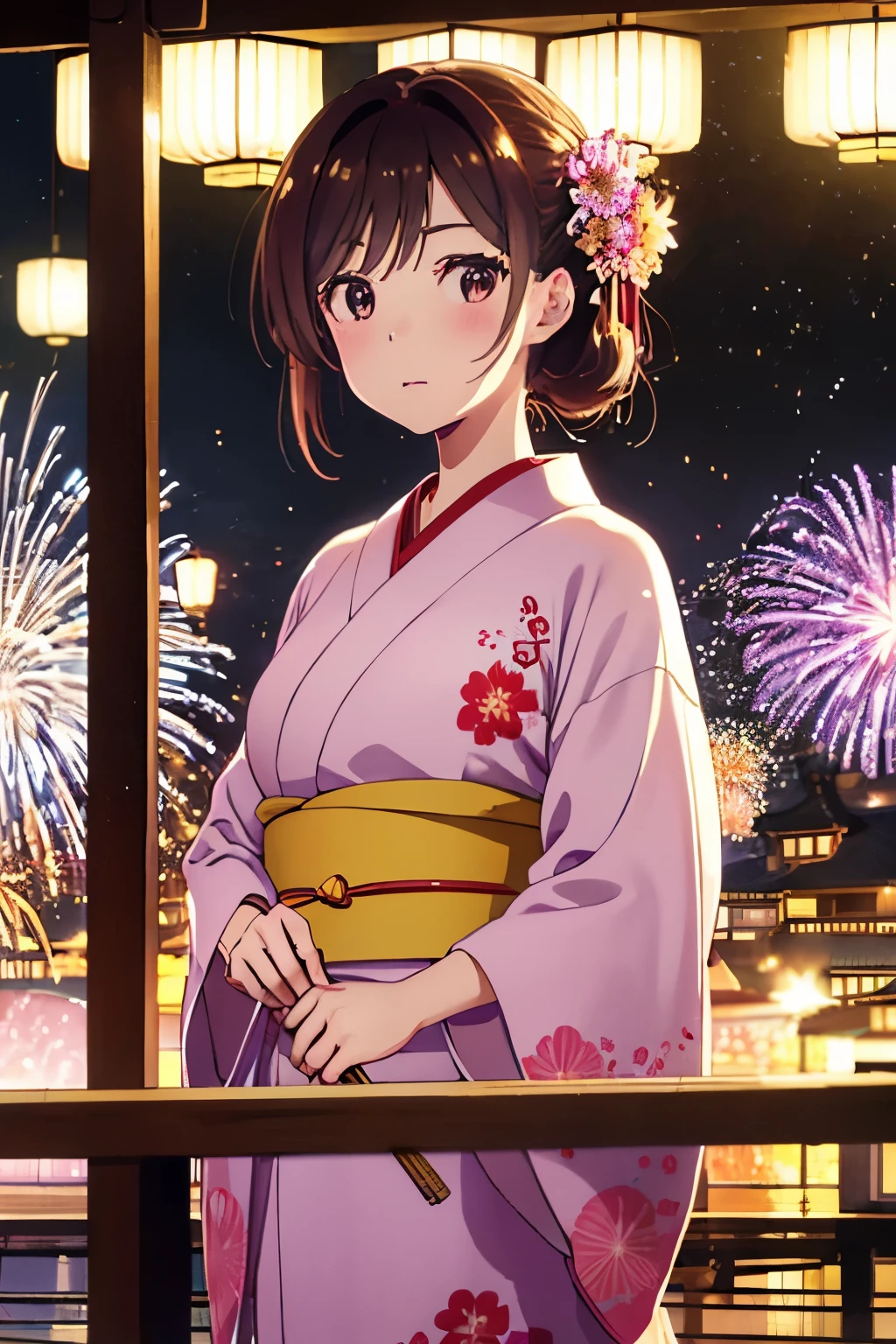 masterpiece, Highest quality, High resolution、Chizuru Mizuhara、One Girl、Japanese style kimono、summer night、at night、Fireworks、Japanese Festivals