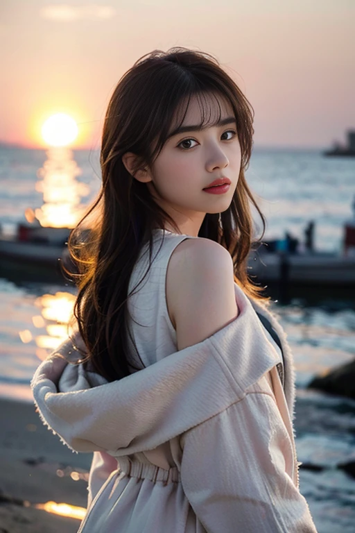 (8K, RAW Photos, Highest quality, masterpiece:1.3), (Realistic, photo-Realistic:1.4), (Highly detailed 8K wallpaper), Sharp focus, Written boundary depth, Japanese Idols,very cute, Baby Face,(coat:1.3),(Long Hair :1.3), whole body, Highly detailed face and eyes,((Shiny skin:1.2)), Cinema Lighting, Soft Light, Blur the background,( Calm morning seascape with sunrise reflected on the water, Create a sparkling effect. In the distance, I see a small fishing boat, As we approach the coast, Shells scattered on the sand. The sky is bathed in soft shades of pink and orange., Some clouds drifting :1.2) (Bright maple:1.2),Make your eyes look natural、tops