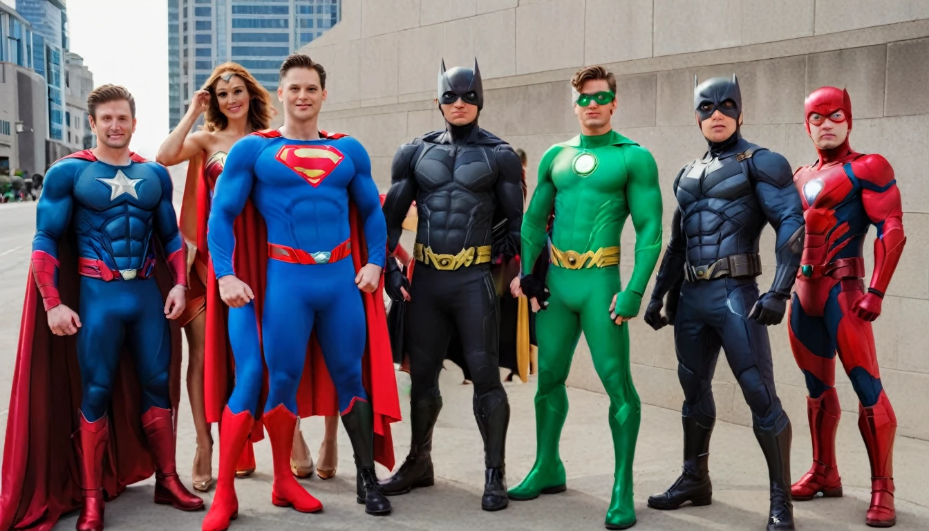 a bunch of super heroes line up for a picture and posing