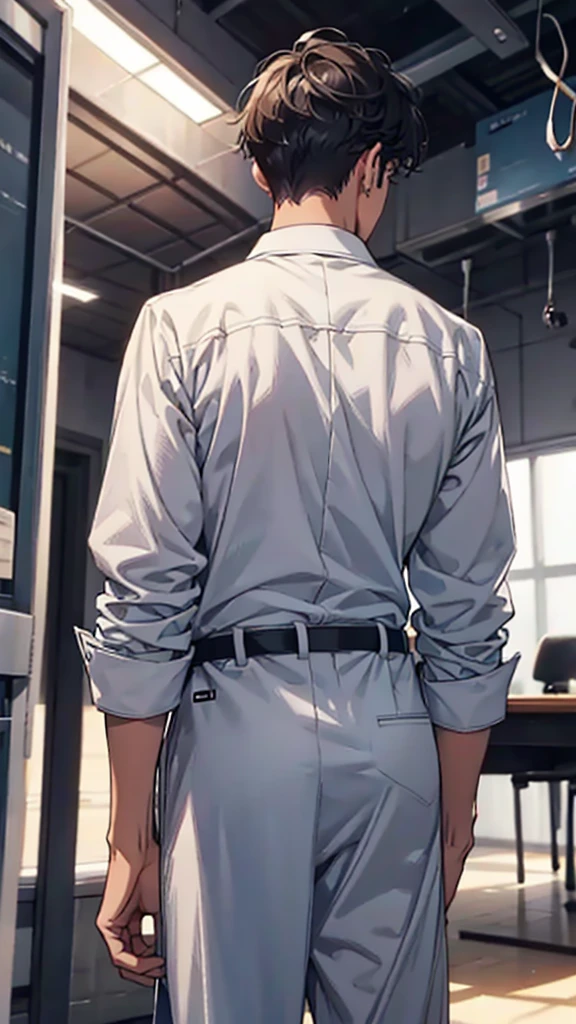 A man in a surgical suit with sleeves rolled up, Stands with his back