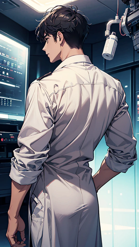 A man in a surgical suit with sleeves rolled up, Stands with his back